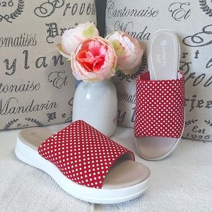 Remonte Reiker soft platform Y2K leather slides red white polkadots sandals